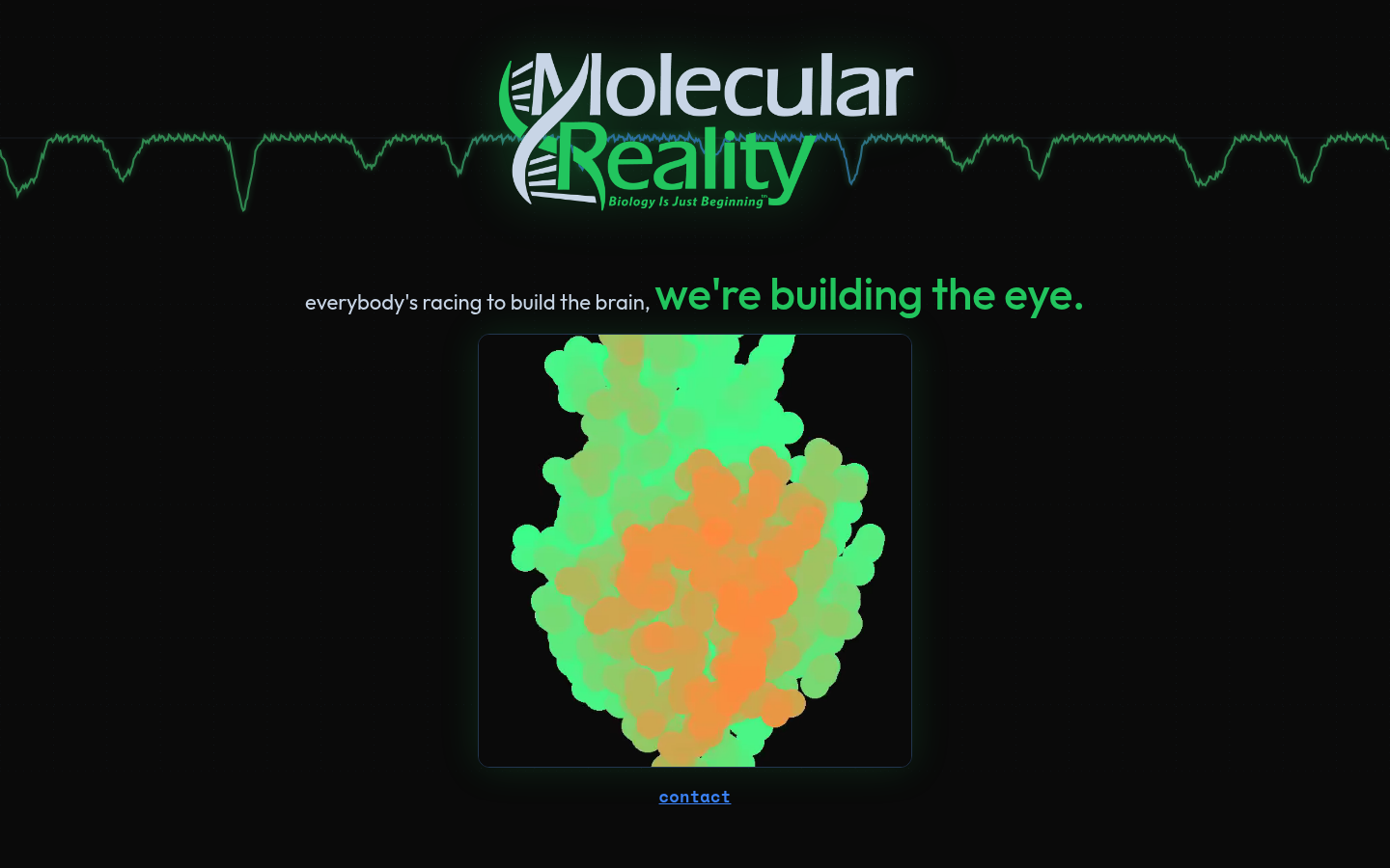 A near-black page with the Molecular Reality wordmark in pale grey and green, a line of text with its second half in green, a square video of an eye, and a faint green trace across the top