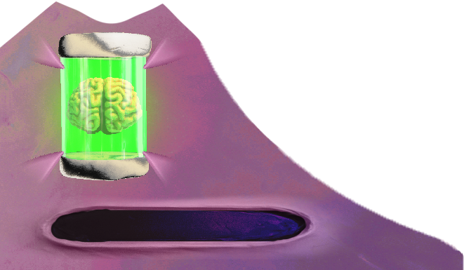 A glowing green brain in a glass jar on a purple clay pedestal, on a transparent background