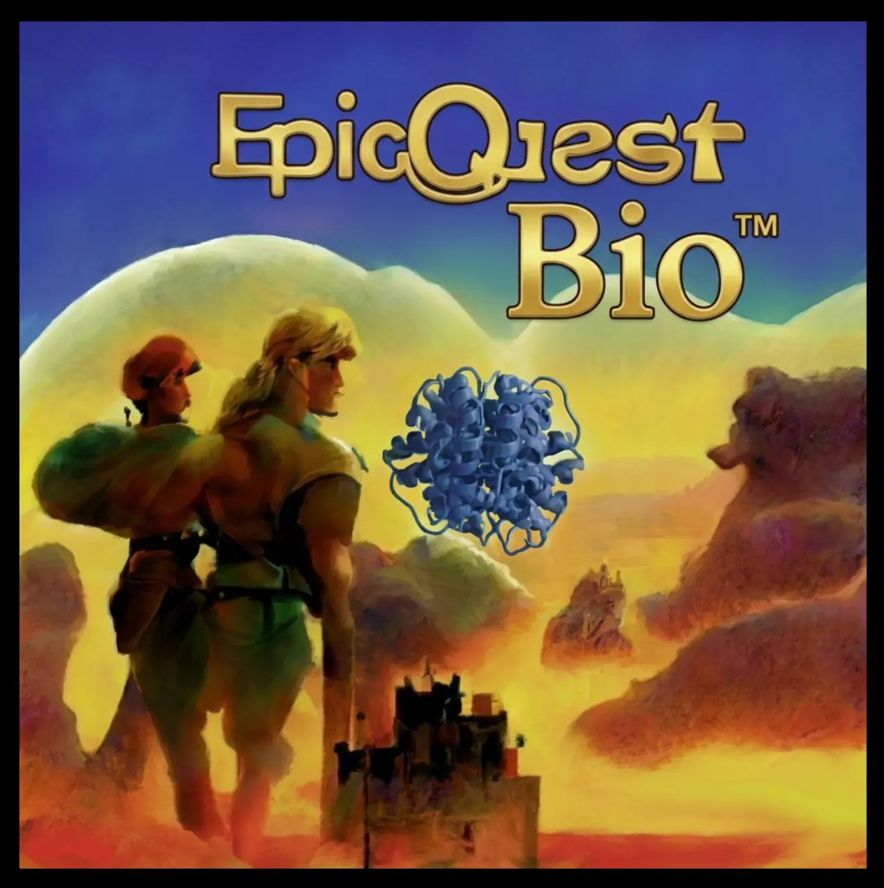 Box-art style painting: two adventurers (one in a red cap with a sack, one blond with a ponytail) look over a golden desert and a distant castle toward a blue protein ribbon model floating in the sky, gold lettering EpicQuest Bio with a TM