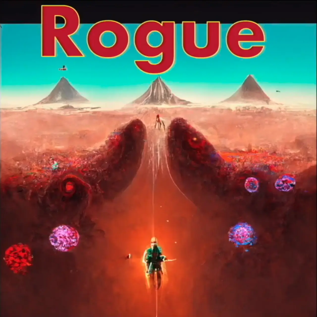 Red desert canyon framed by two giant tentacle walls, a lone explorer walking toward floating pink spores; red lettering Rogue. Painterly generative art with the class name baked into the image.