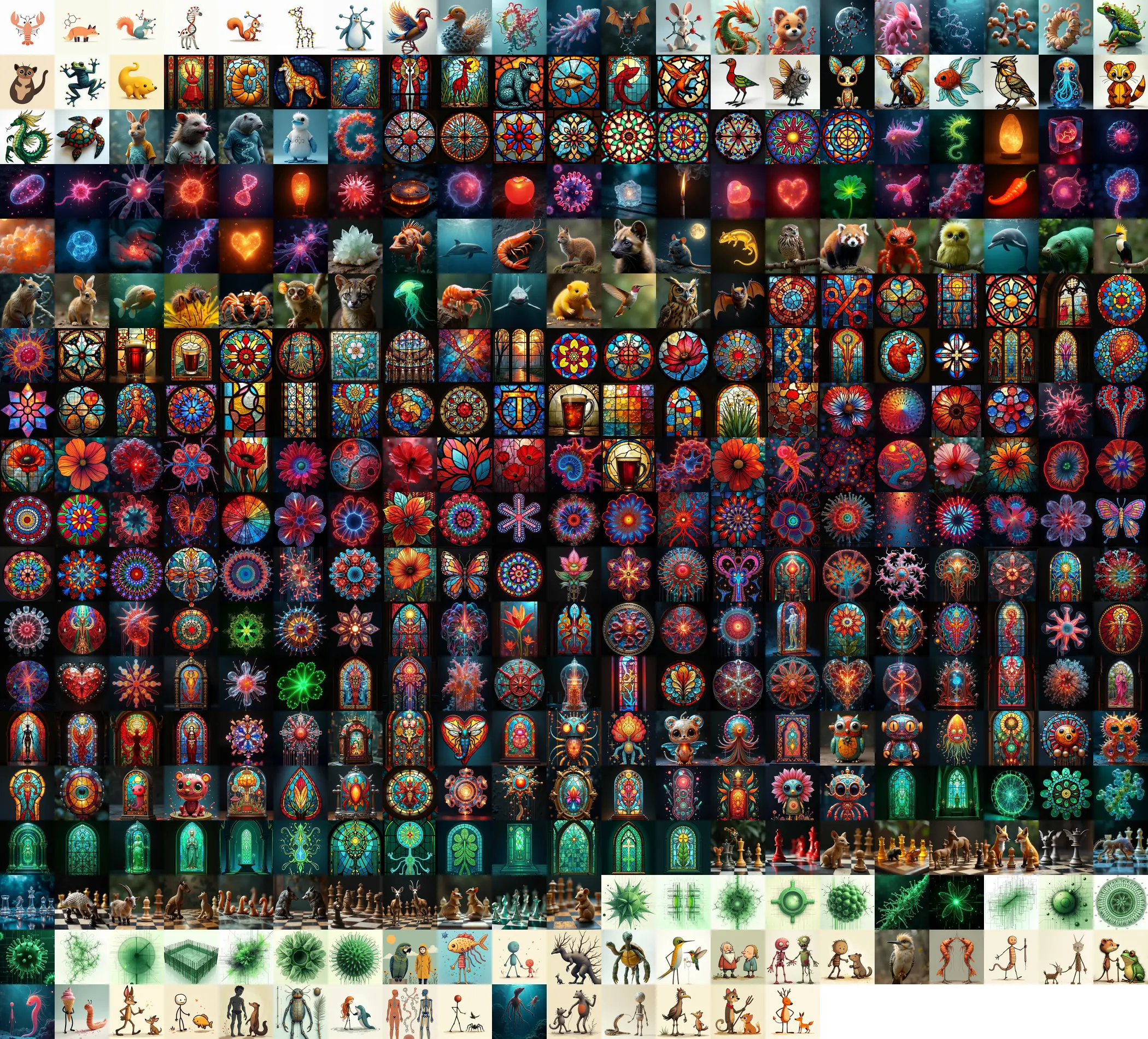 A grid of small square portraits: stained-glass windows, mandalas, hearts and animals