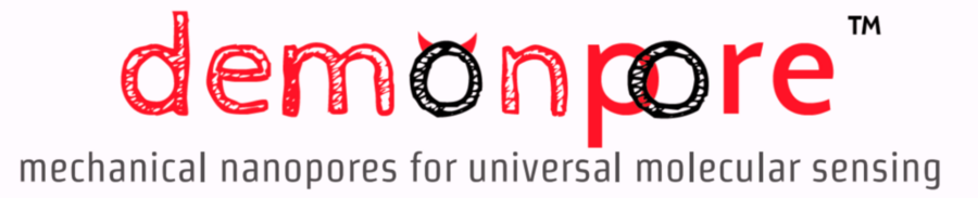 The word demonpore in red lowercase letters, the first o drawn as a black ring with small red horns and the second as a black ring, with a TM sign, above the line mechanical nanopores for universal molecular sensing
