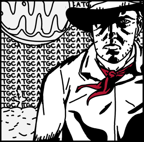 Black-and-white line illustration with red accents for Genomic Ranger