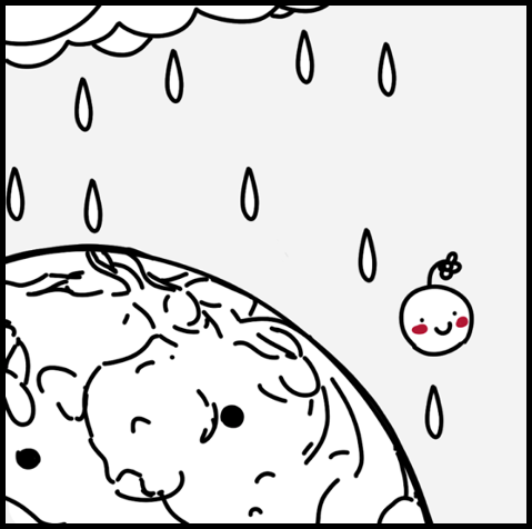 Black-and-white line illustration with red accents for Raindrop Planet
