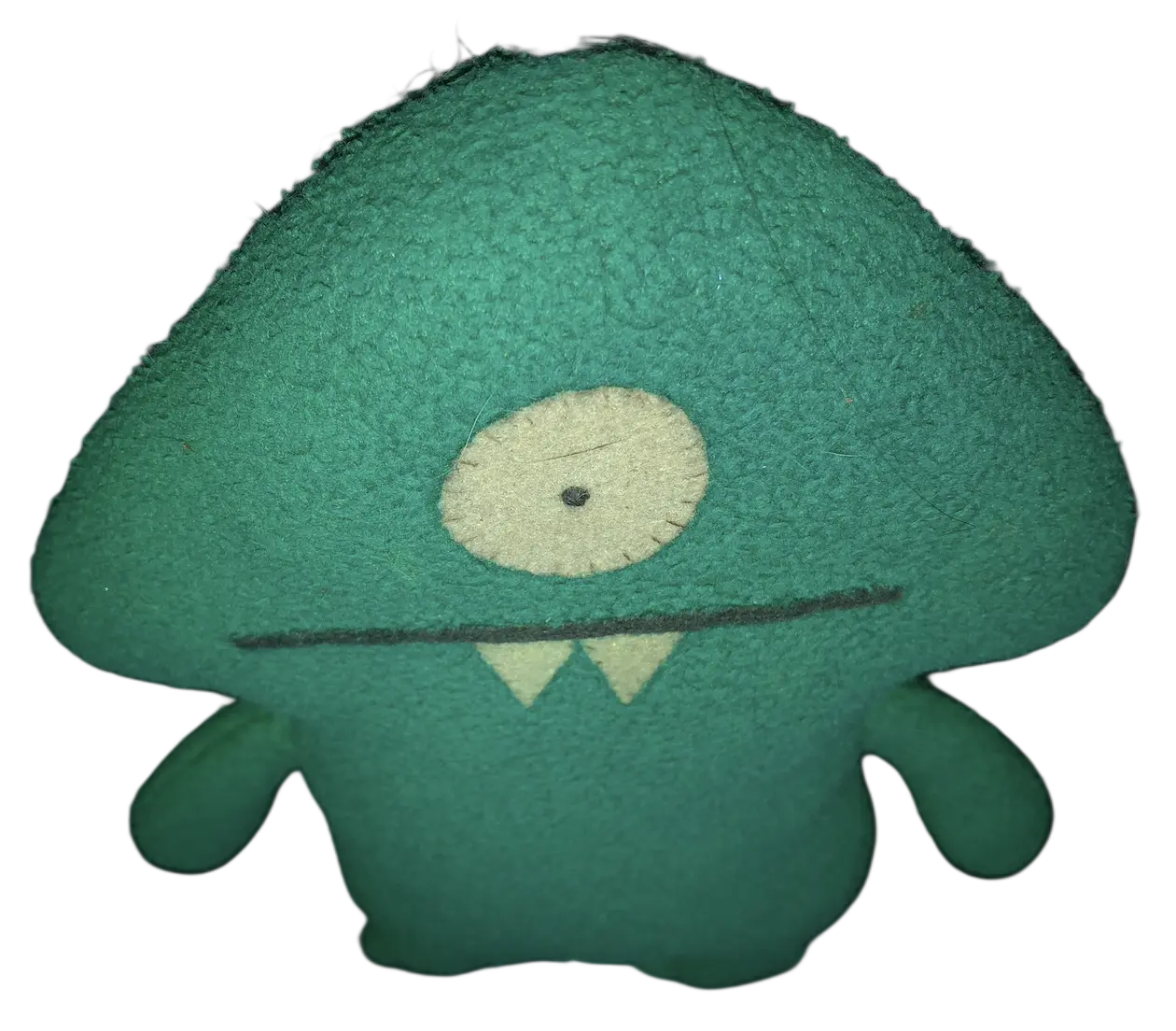 A green felt one-eyed puppet with his head tilted down