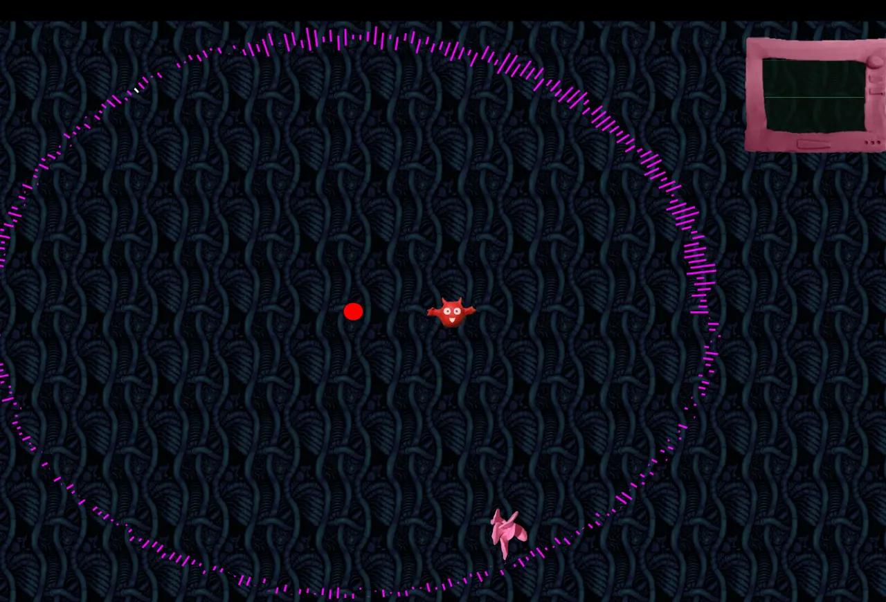 The Maxine's Quest arena: a dark patterned field with a ring of short magenta lines, a red disc at the centre, a small red clay creature beside it, a pink mushroom near the bottom of the ring, and a pink clay television at the upper right