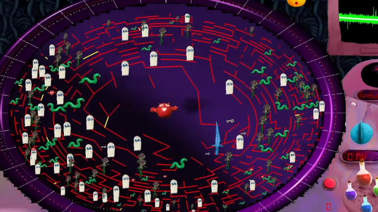 A purple oval arena with small ghosts, green snakes and a red demon, beside a pink clay screen