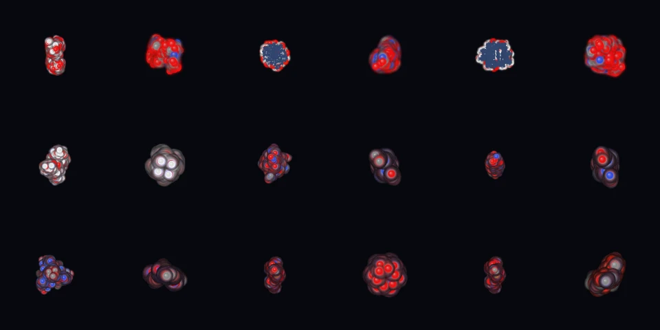 Eighteen small renderings of protein molecules as coloured spheres and sticks, arranged in a grid on a near-black background