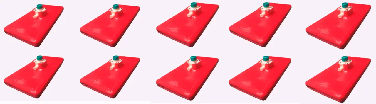 Ten photographs of the red MR1 handheld (white fluid cell with teal cap on top) arranged as a 5x2 squad on white, photographed from the same angle.