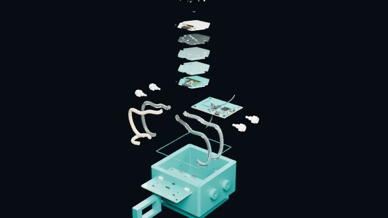 Exploded view of the MR1 Nanopore Reader: layers, tubes and small parts floating apart above the base block, mint on navy.