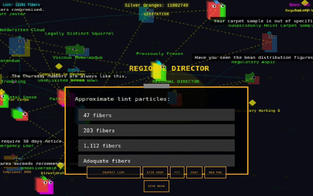 Silver Orange in a browser window: dozens of small pixel creatures with green name labels and speech bubbles, the gold label REGIONAL DIRECTOR in the middle, a lint quiz box with four answers, a row of amber buttons, and the counters for lint, beans, soup, Silver Oranges and compliance