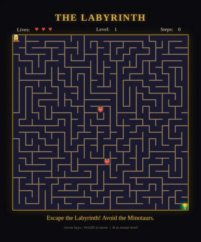 The Labyrinth: a gold-walled maze on dark blue with three hearts, Level 1 and Steps 0, the entrance at the top left, the exit at the bottom right and two minotaurs
